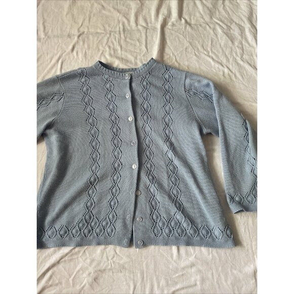 Petite Light Blue Button-Front Cardigan With Delicate Knit Pattern & 3/4 Sleeves - Picture 8 of 10